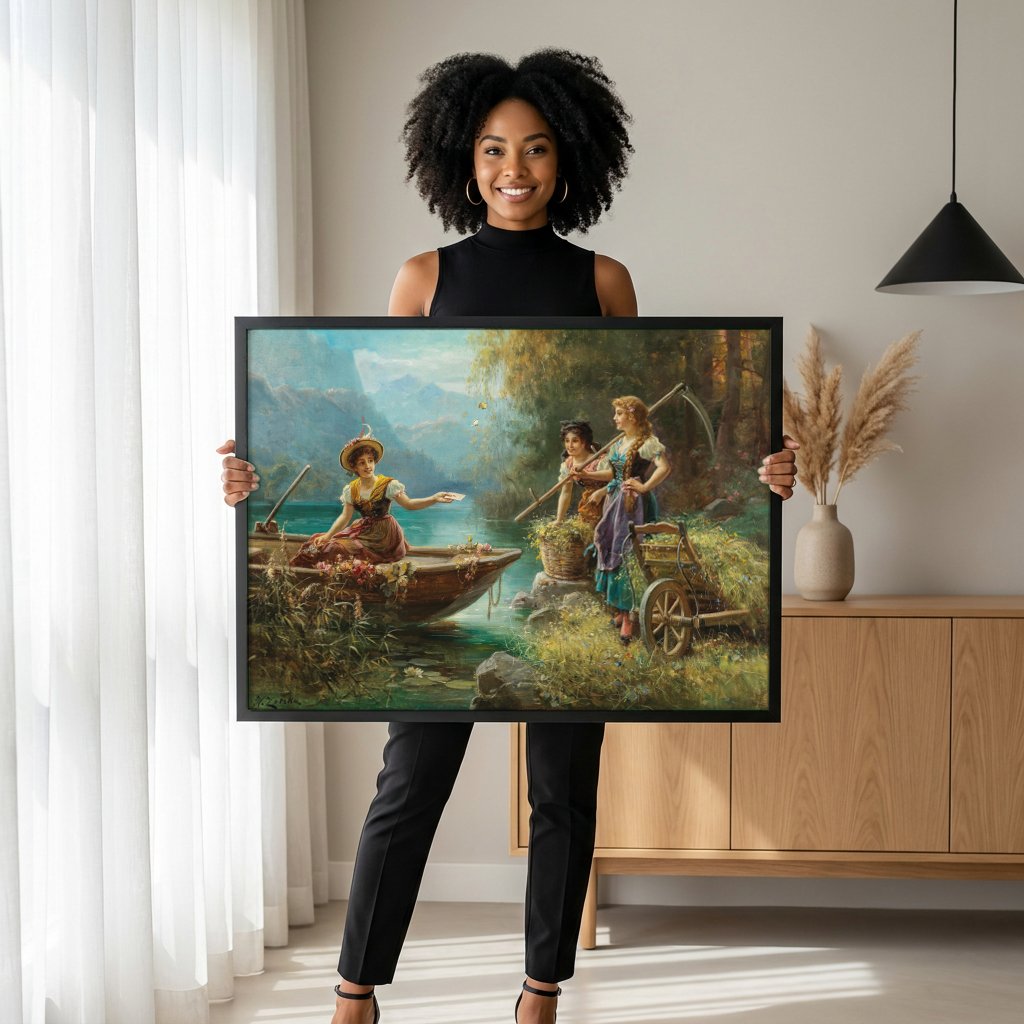 Quadro Decorativo A Oferta de Flores - Hans Zatzka com modelo em ambiente