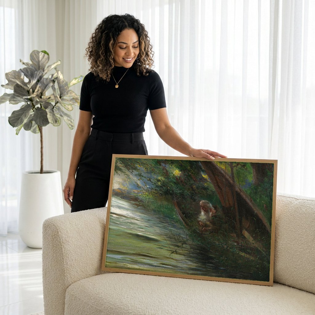 Quadro Decorativo O Eremita no Barco - Hans Thoma com modelo em ambiente