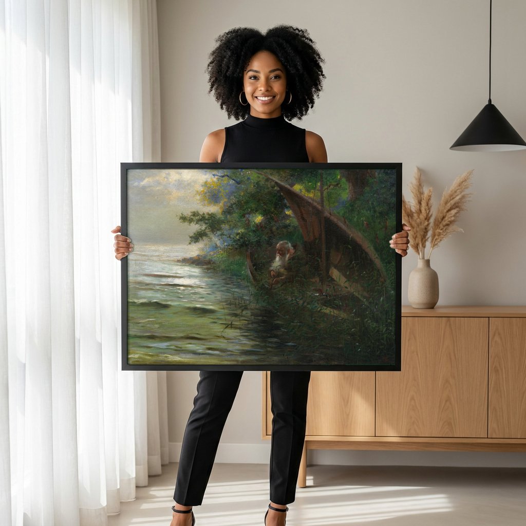 Quadro Decorativo O Eremita no Barco - Hans Thoma com modelo em ambiente