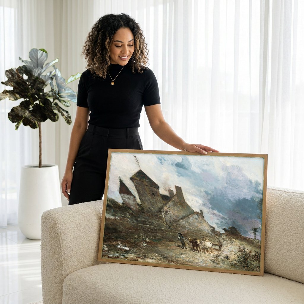 Quadro Decorativo Campo e Castelo - Johan Barthold Jongkind com modelo em ambiente