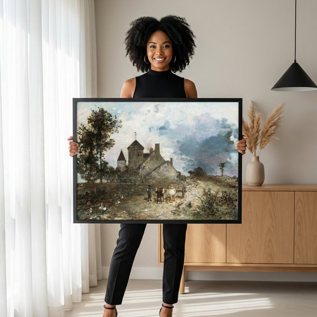 Quadro Decorativo Campo e Castelo - Johan Barthold Jongkind com modelo em ambiente