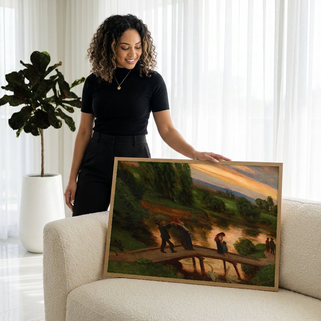 Quadro Decorativo Crepúsculo no Lago - Hans Thoma com modelo em ambiente