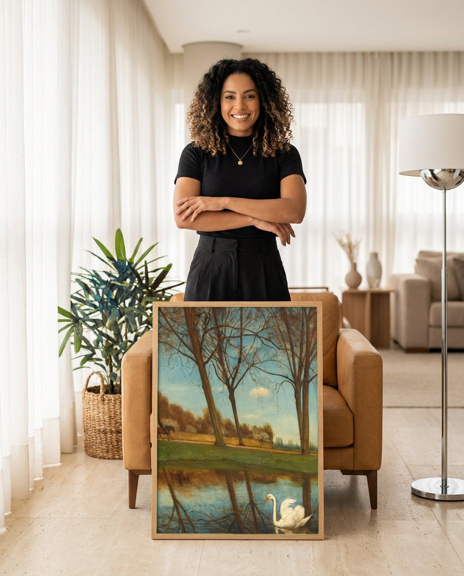 Quadro Decorativo A Lagoa dos Cisnes - Hans Thoma com modelo em ambiente