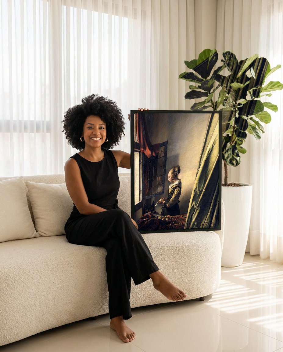 Quadro Decorativo Moça Lendo Carta - Johannes Vermeer com modelo em ambiente