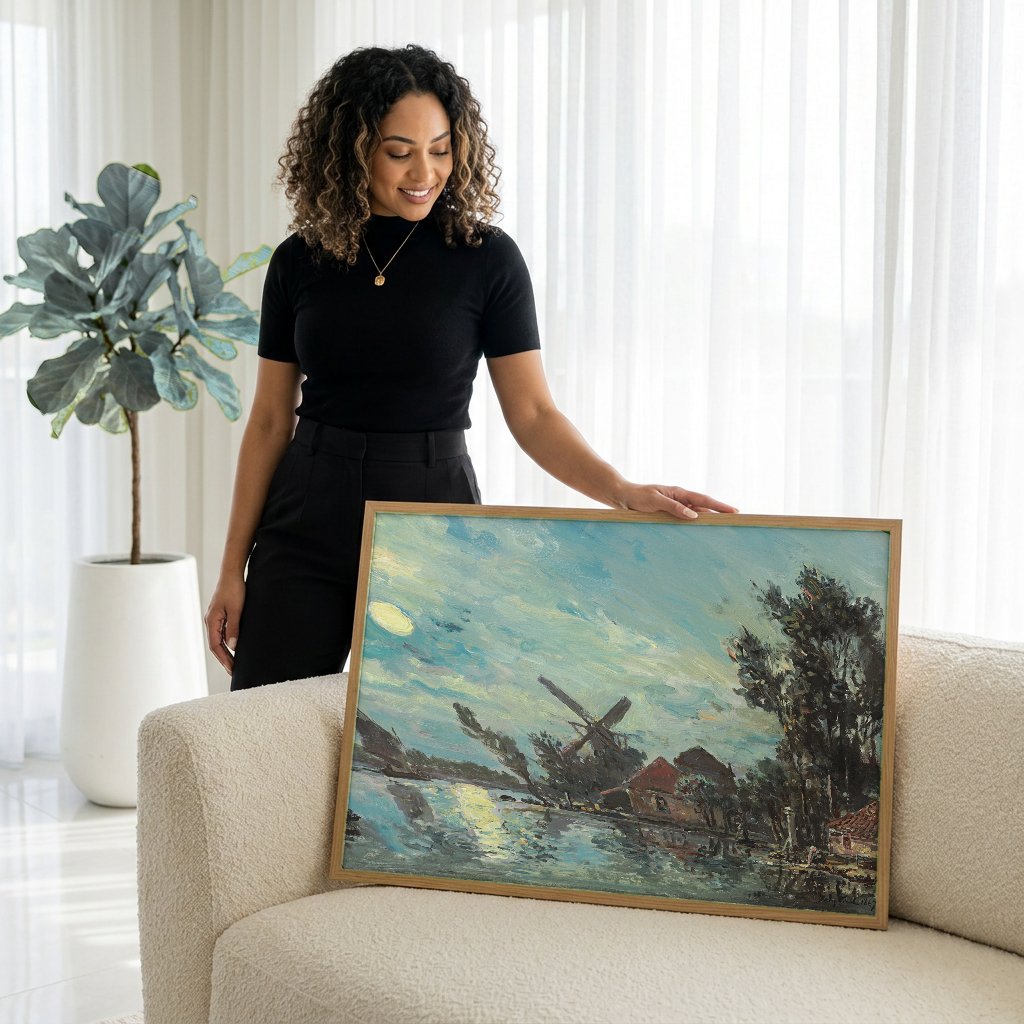 Quadro Decorativo Paisagem ao Luar - Johan Barthold Jongkind com modelo em ambiente