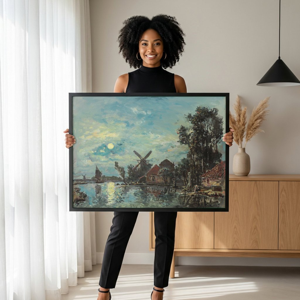 Quadro Decorativo Paisagem ao Luar - Johan Barthold Jongkind com modelo em ambiente