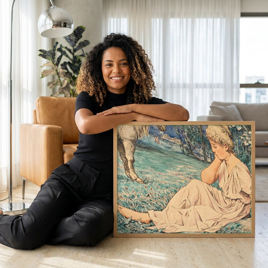 Quadro Decorativo A Ninfa e o Cavalo - Hans Thoma com modelo em ambiente