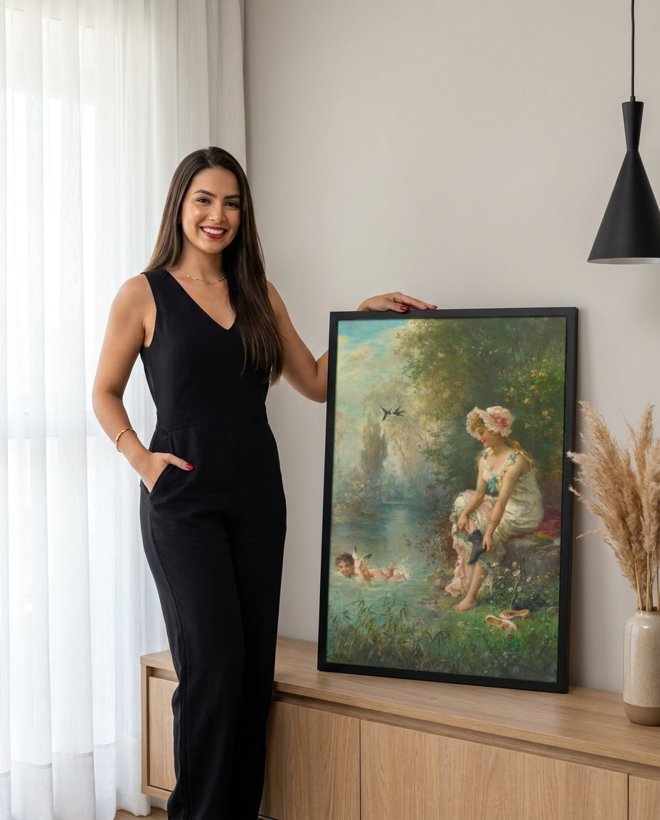 Quadro Decorativo A Ninfa e o Cupido - Hans Zatzka com modelo em ambiente