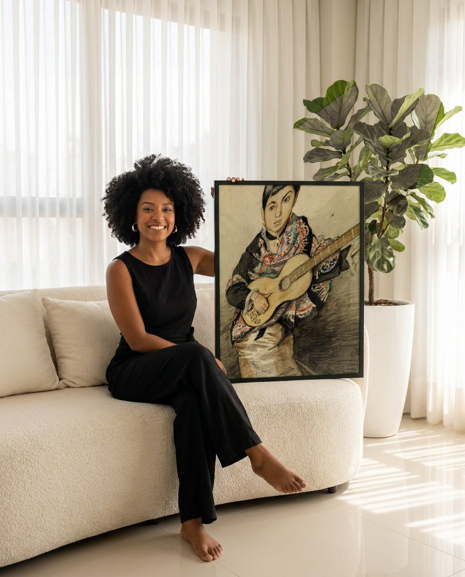 Quadro Decorativo A Jovem com Violão - Hans Thoma com modelo em ambiente