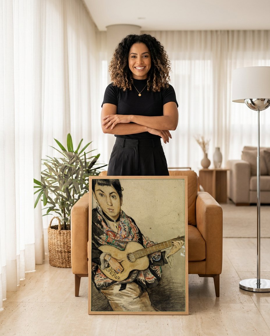 Quadro Decorativo A Jovem com Violão - Hans Thoma com modelo em ambiente