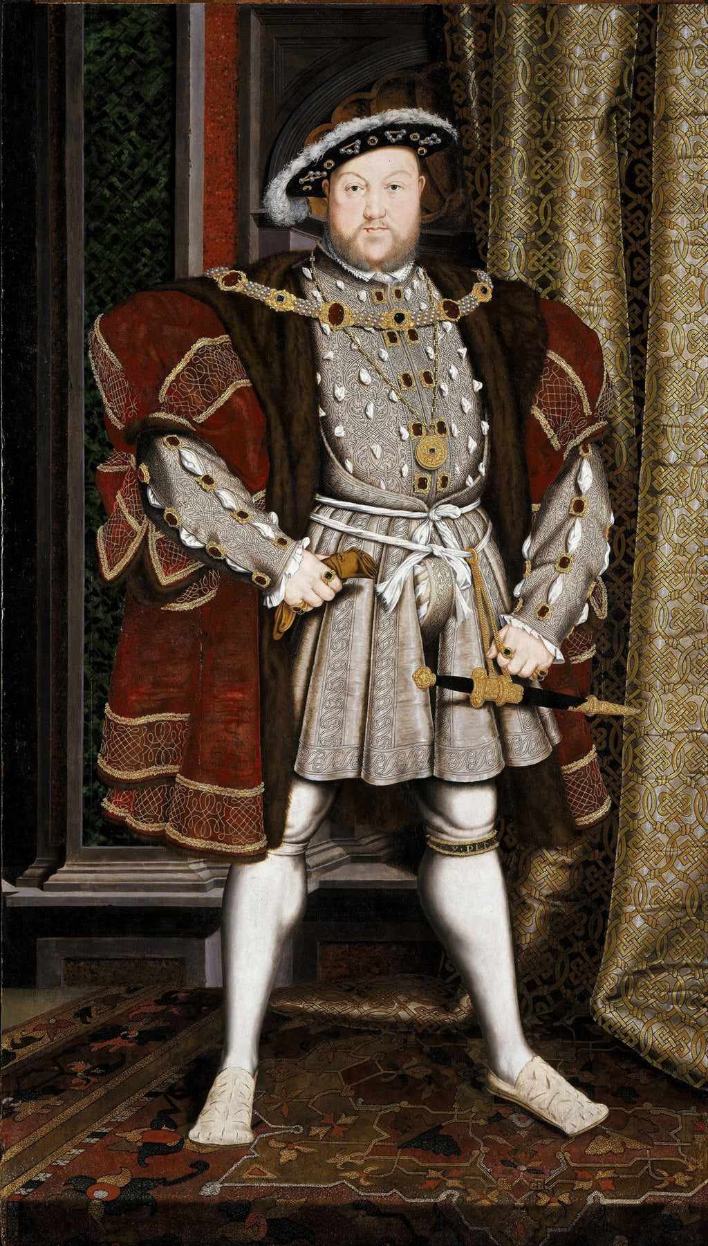 Quadro decorativo de Hans Holbein, 'Retrato de Henrique VIII', apresentando o rei em vestes luxuosas, olhar direto e postura majestosa, em tons ricos e detalhes renascentistas.