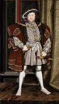 Quadro decorativo de Hans Holbein, 'Retrato de Henrique VIII', apresentando o rei em vestes luxuosas, olhar direto e postura majestosa, em tons ricos e detalhes renascentistas.