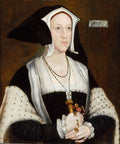Retrato de Anna de Cleves, pintado por Hans Holbein, exibindo uma mulher com touca preta e branca, roupas escuras e joias discretas, segurando um objeto, com um fundo marrom escuro.