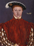 Retrato a óleo de um menino jovem, Eduardo VI, pintado por Hans Holbein, o Jovem. O menino usa um chapéu emplumado e roupas vermelhas e douradas ricamente bordadas, com um olhar sério no rosto. O fundo é cinza escuro.