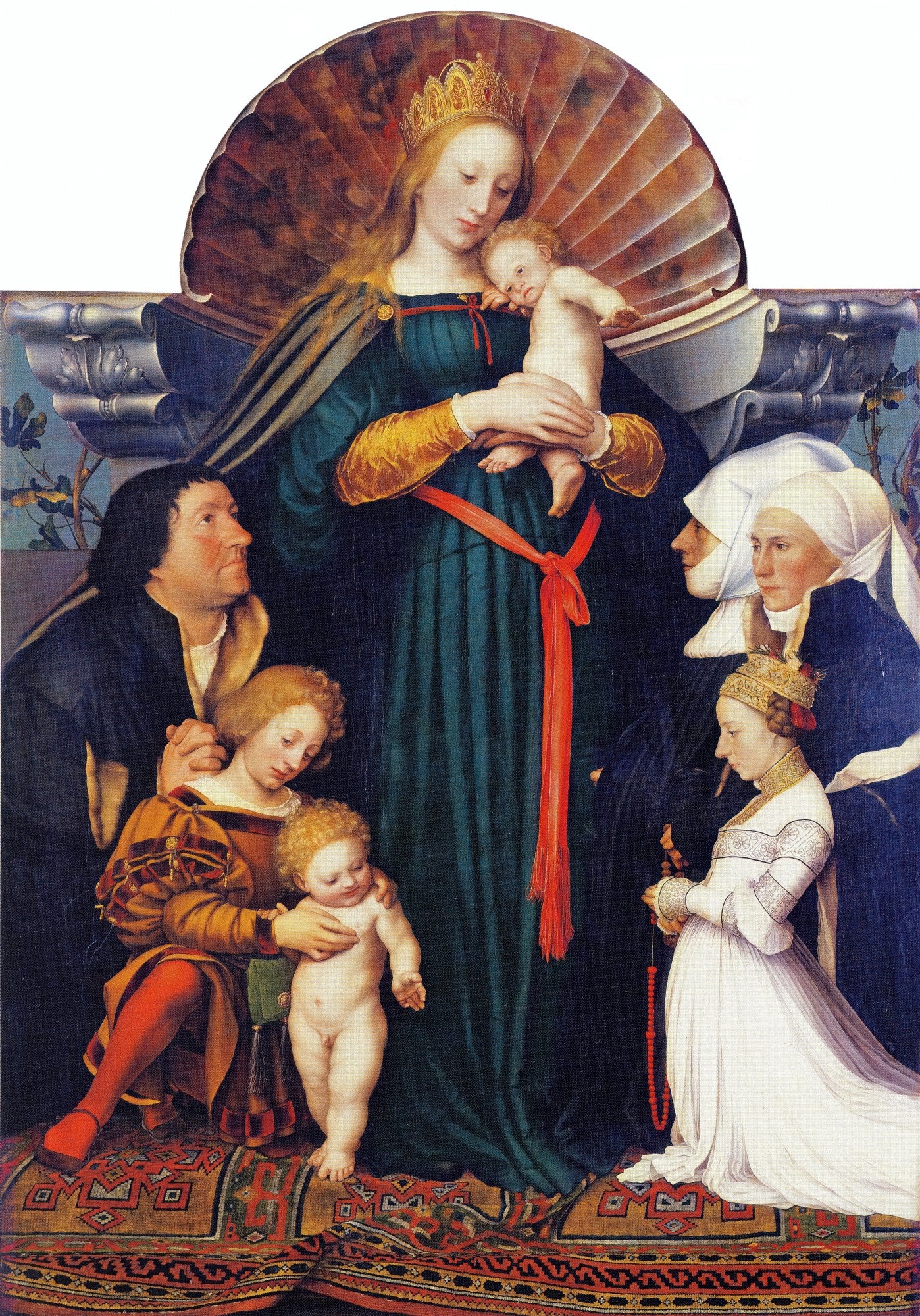 Quadro decorativo da obra 'A Virgem do Burgomestre Meyer' de Hans Holbein, o Jovem, mostrando a Virgem Maria com o Menino Jesus, cercada pela família do burgomestre rezando.