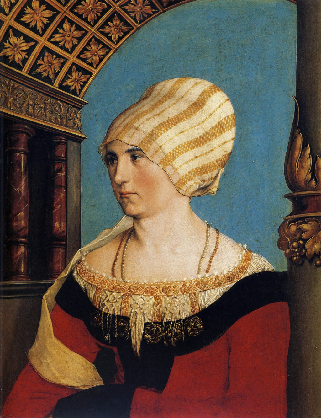 Retrato de uma dama renascentista de perfil, com toucado listrado e vestes ricas em tons de vermelho e preto, atribuída a Hans Holbein, o Jovem.