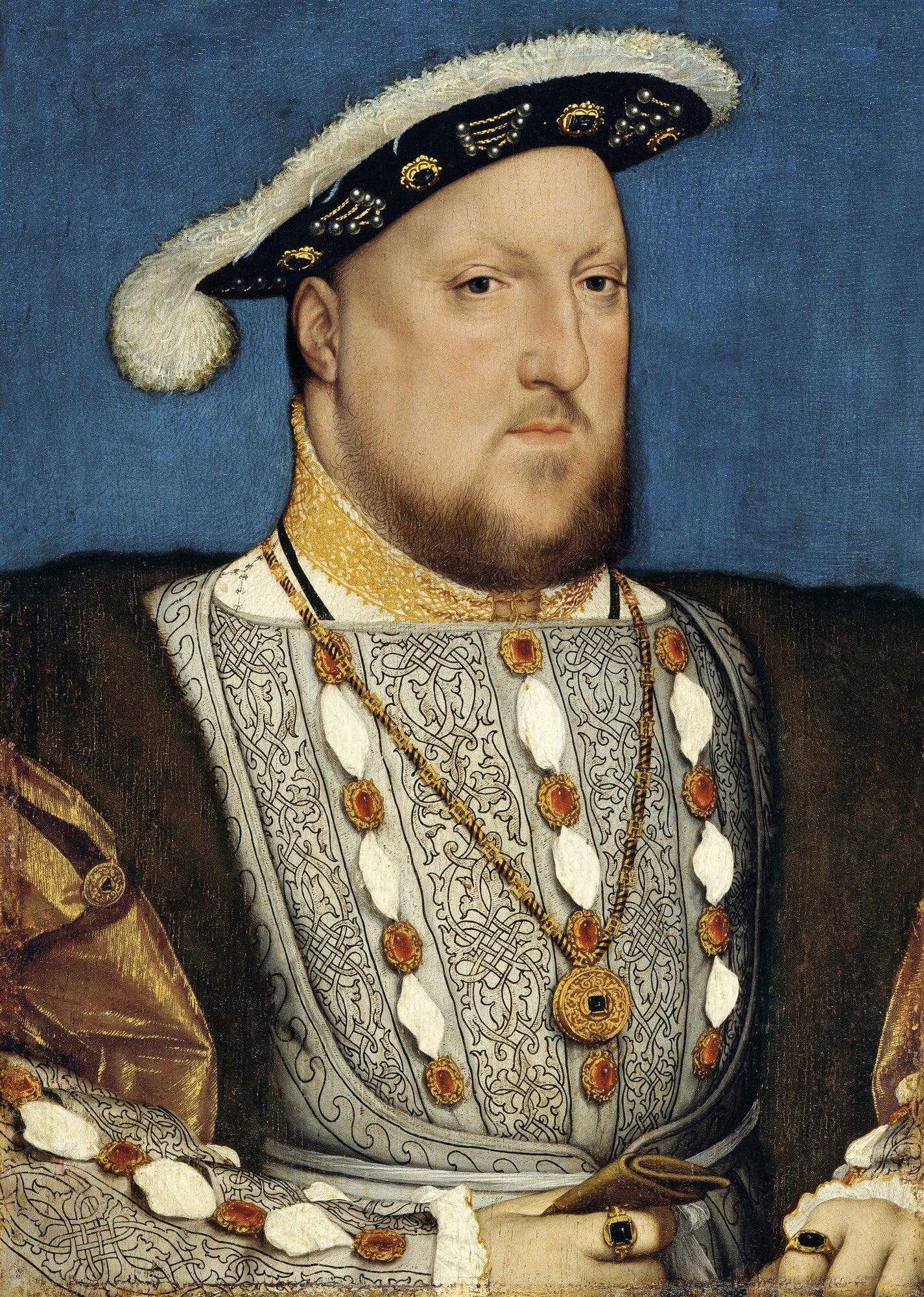 Retrato de Henrique VIII por Hans Holbein, o Jovem. O rei é representado de frente, com barba, chapéu emplumado, e vestes luxuosas, incluindo uma pesada corrente de ouro.