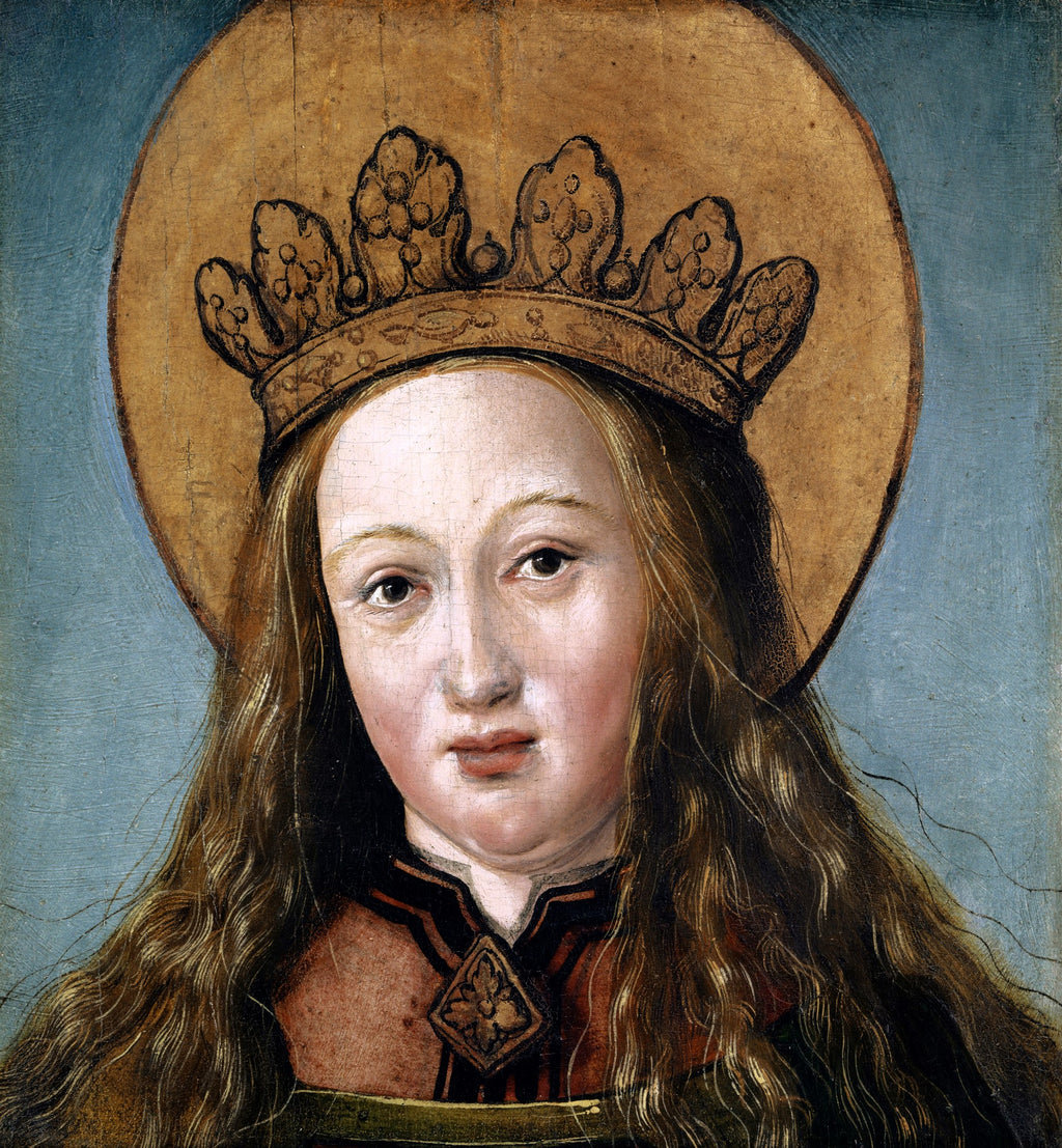 Retrato de busto de uma jovem mulher com cabelos longos e castanhos, vestindo uma coroa dourada e um halo, em um fundo azul. A obra é atribuída a Hans Holbein, o Velho.