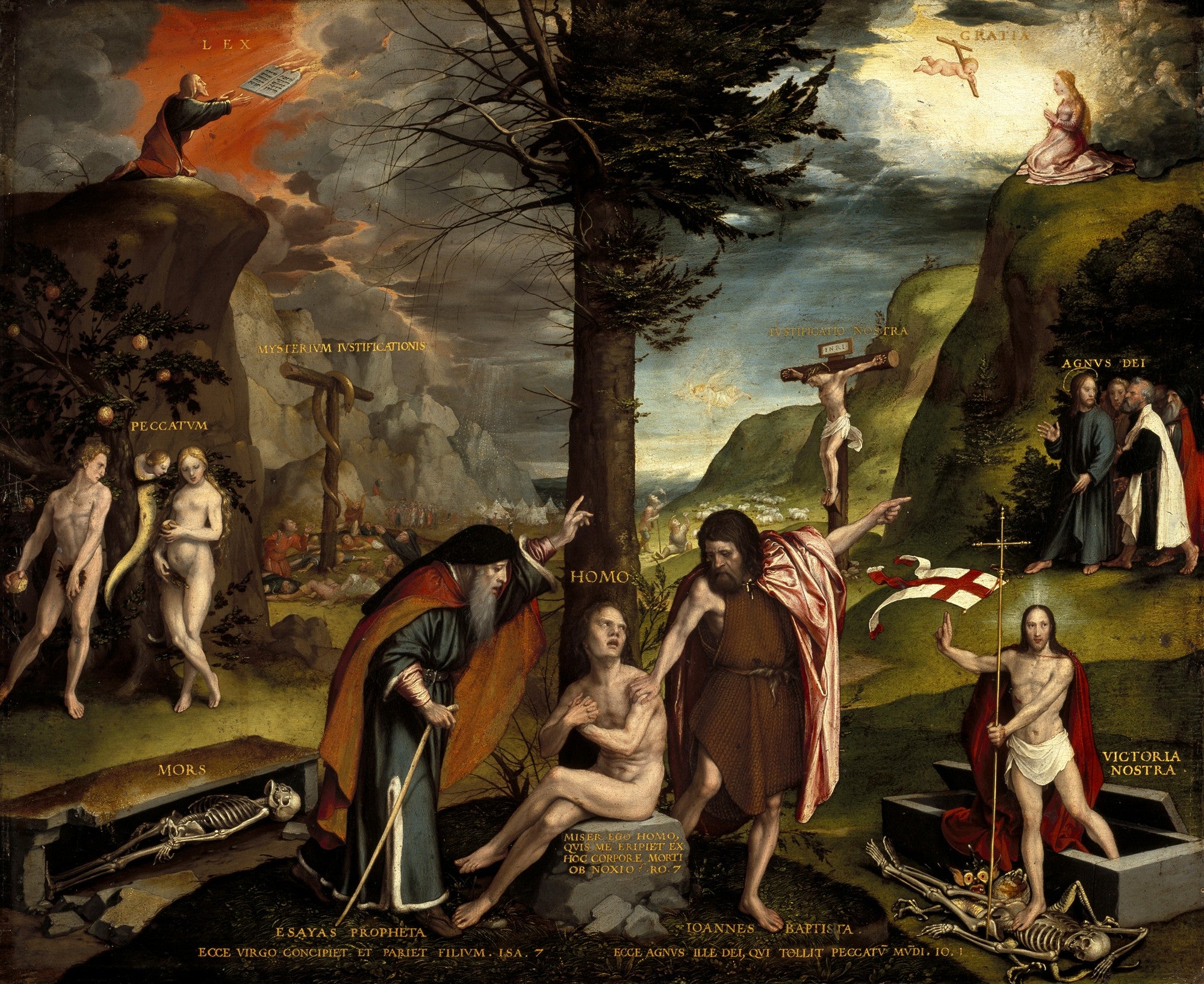 Quadro 'A Alegoria da Lei e da Graça' de Lucas Cranach, o Velho, mostrando uma cena complexa dividida entre a Lei (pecado, morte, Moisés com as tábuas, Adão e Eva, esqueletos) e a Graça (Cristo crucificado, João Batista, Jesus ressuscitado, anjo).