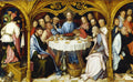 Quadro decorativo da Última Ceia de Hans Holbein, o Jovem, mostrando Jesus Cristo ao centro da mesa com os apóstolos em um cenário arquitetônico gótico dourado, com detalhes de Judas à esquerda e outros apóstolos com expressões variadas. A cena é rica em detalhes e simbolismo religioso.