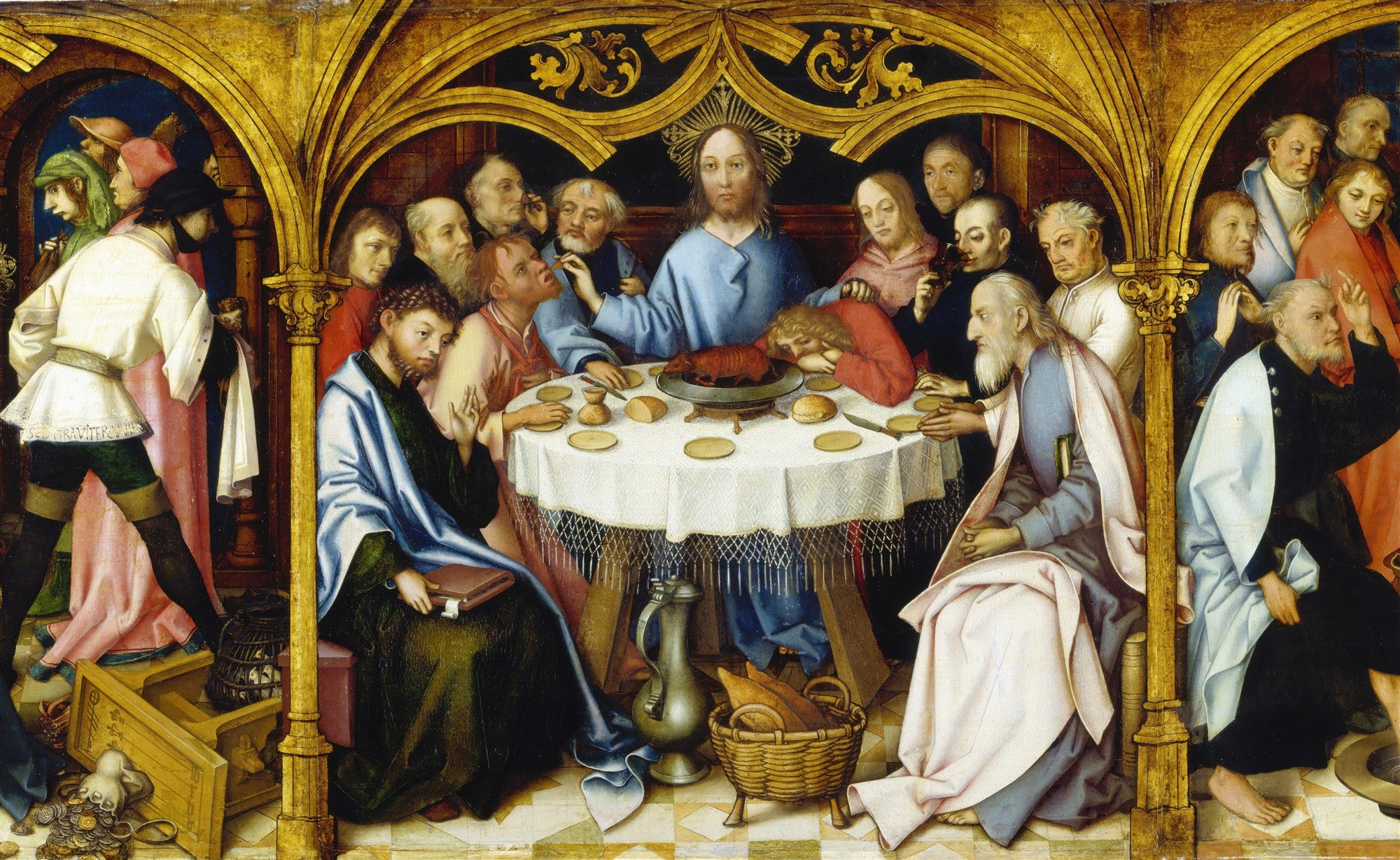 Quadro decorativo da Última Ceia de Hans Holbein, o Jovem, mostrando Jesus Cristo ao centro da mesa com os apóstolos em um cenário arquitetônico gótico dourado, com detalhes de Judas à esquerda e outros apóstolos com expressões variadas. A cena é rica em detalhes e simbolismo religioso.