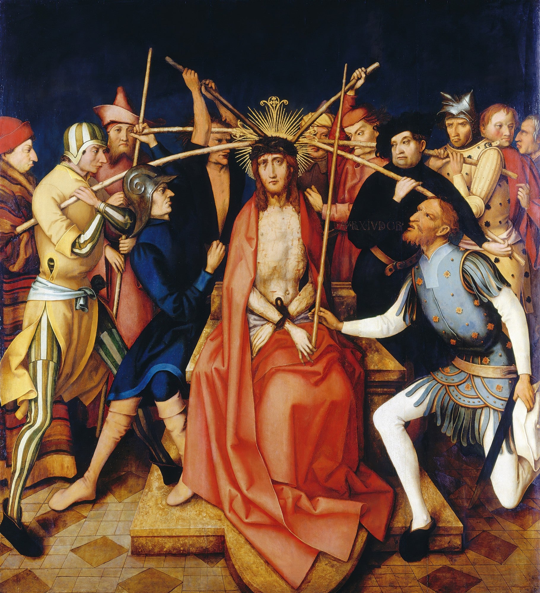 Quadro 'Ecce Homo' de Hans Holbein, o Velho, retratando Jesus Cristo com a coroa de espinhos, cercado por figuras que o maltratam, em estilo renascentista, com paleta de cores rica e detalhes dramáticos.