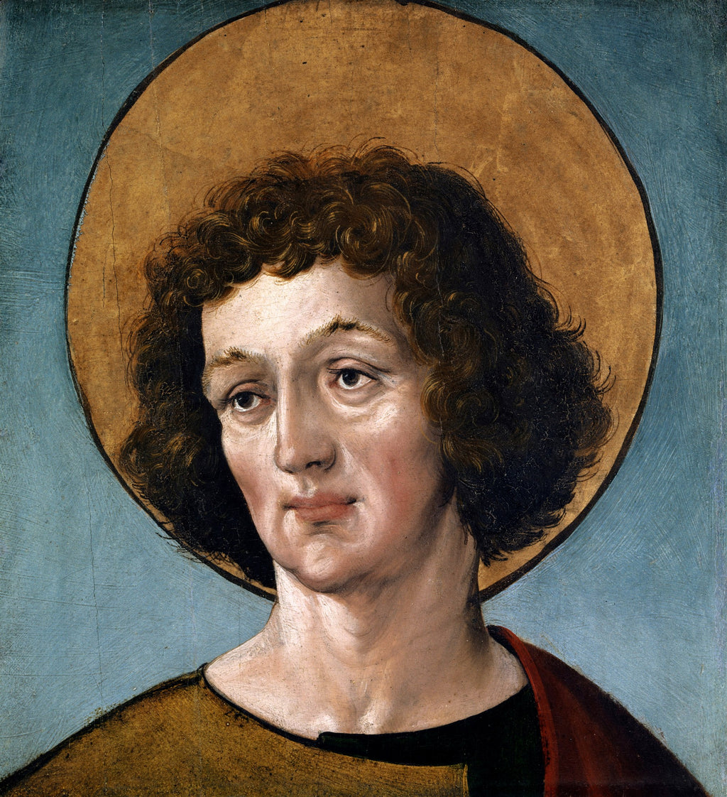 Retrato de um homem jovem com cabelo encaracolado e auréola dourada, em fundo azul. Obra atribuída a Hans Holbein, o Velho, no estilo Renascentista.