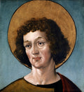 Retrato de um homem jovem com cabelo encaracolado e auréola dourada, em fundo azul. Obra atribuída a Hans Holbein, o Velho, no estilo Renascentista.