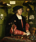 Retrato de Georg Gisze, mercador, sentado em sua mesa de trabalho, com objetos simbólicos e documentos, pintado por Hans Holbein, o Jovem. O mercador veste roupas escuras e camisa branca, com mangas de seda vermelha. O fundo é verde escuro.