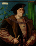 Quadro decorativo com retrato de um homem renascentista, Dirck Tybis, por Hans Holbein, o Jovem. O homem usa vestes luxuosas com gola de pele e detalhes dourados, chapéu preto, e segura um objeto em sua mão. O fundo é azul com uma planta e uma cortina verde.