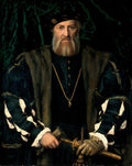Retrato renascentista de um homem com barba ruiva e chapéu escuro, vestindo roupas suntuosas com um colar dourado e segurando uma adaga, contra um fundo verde-escuro. Obra atribuída a Hans Holbein.