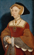 Retrato de Jane Seymour pintado por Hans Holbein, o Jovem, mostrando uma mulher com touca elaborada, vestido vermelho rico em detalhes e joias, com as mãos cruzadas e um fundo azul escuro.