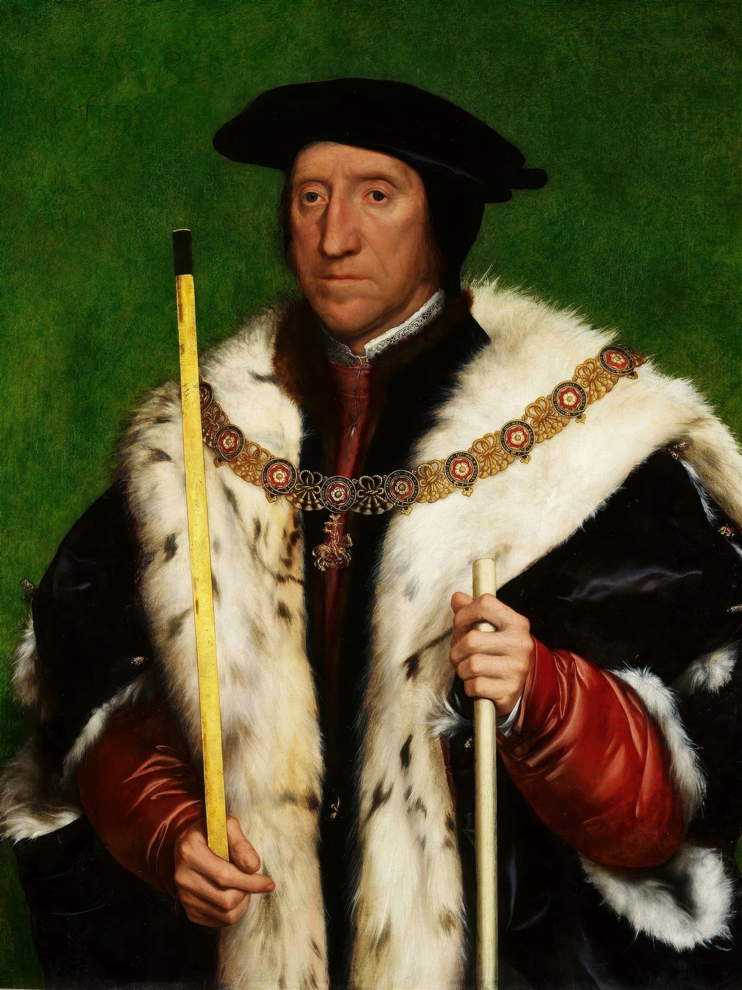 Retrato de Sir Thomas More por Hans Holbein, o Jovem. Um homem de meia-idade com chapéu preto, vestes de pele branca e preta, e um colar dourado, segurando dois bastões, sobre um fundo verde.