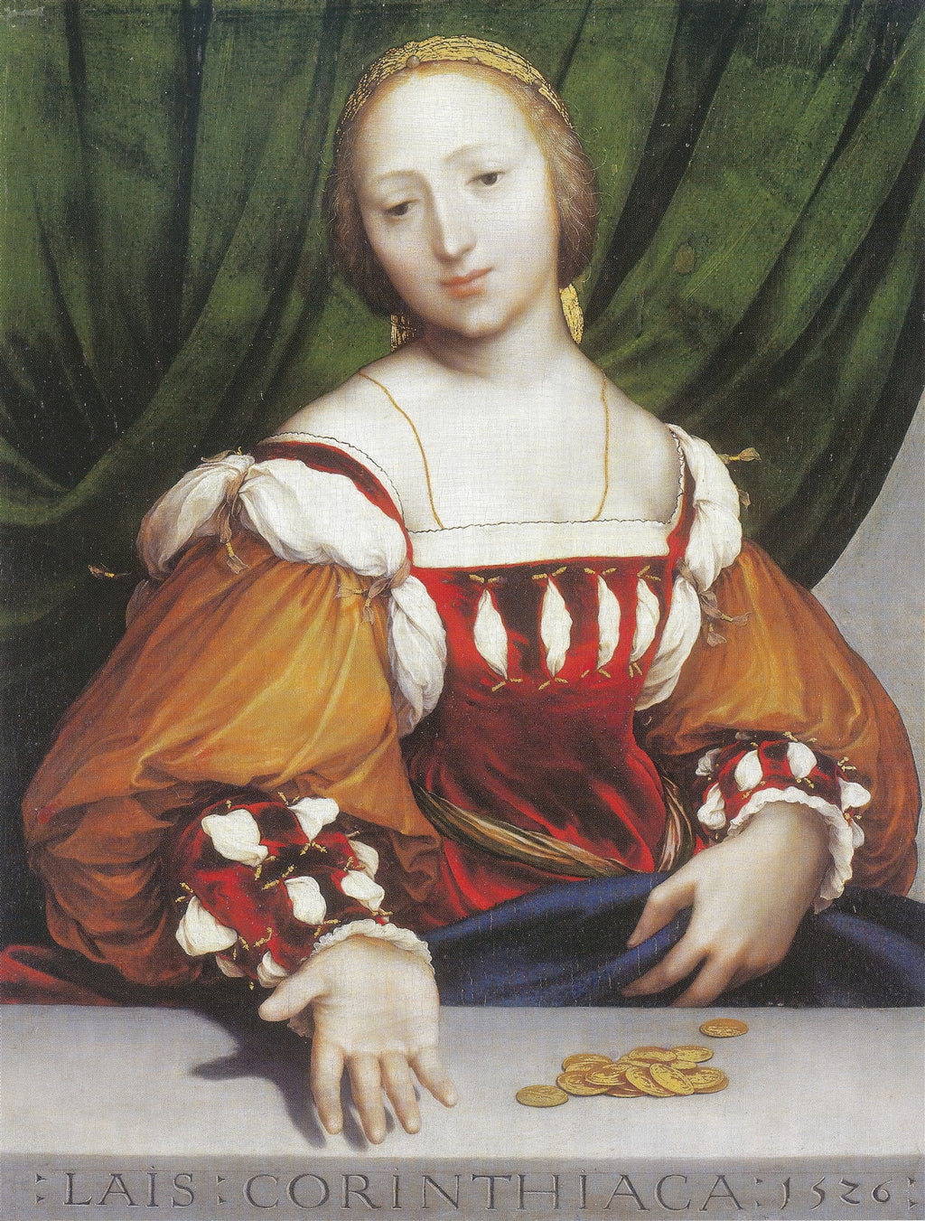 Retrato de Lais de Corinto por Hans Holbein, o Jovem. Uma mulher jovem com cabelo loiro e vestes coloridas, sentada à mesa com moedas de ouro.