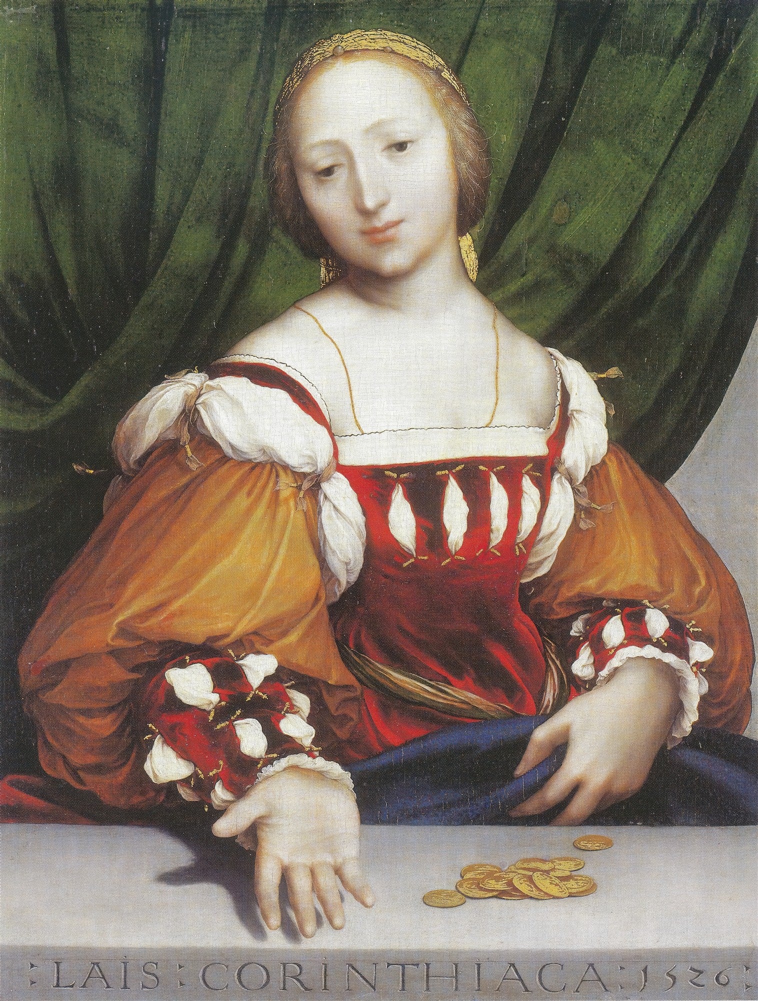 Retrato de Lais de Corinto por Hans Holbein, o Jovem. Uma mulher jovem com cabelo loiro e vestes coloridas, sentada à mesa com moedas de ouro.