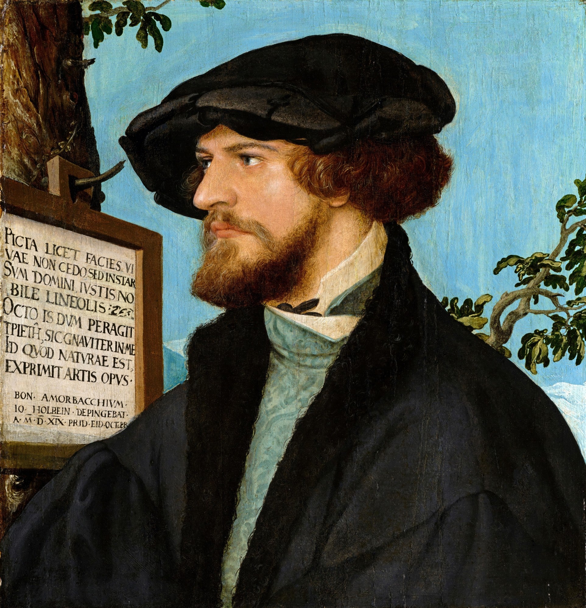 Retrato de Bonifacius Amerbach por Hans Holbein, o Jovem. Um homem barbudo com chapéu preto e vestes escuras, com um pergaminho com texto em latim ao lado, em um fundo azul com galhos de árvore.