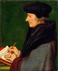 Retrato de Erasmo de Roterdã, de perfil, escrevendo em um livro com pena, em fundo verde escuro. Ele usa um chapéu preto e um casaco escuro.