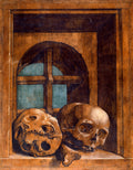 Quadro decorativo com detalhe de obra de Hans Holbein, exibindo dois crânios humanos e um osso em um nicho de madeira, com uma janela arqueada e azulada ao fundo.