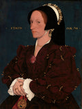 Retrato de uma senhora em perfil, vestindo roupas renascentistas escuras com detalhes dourados e pérolas, atribuído a Hans Holbein, o Jovem.