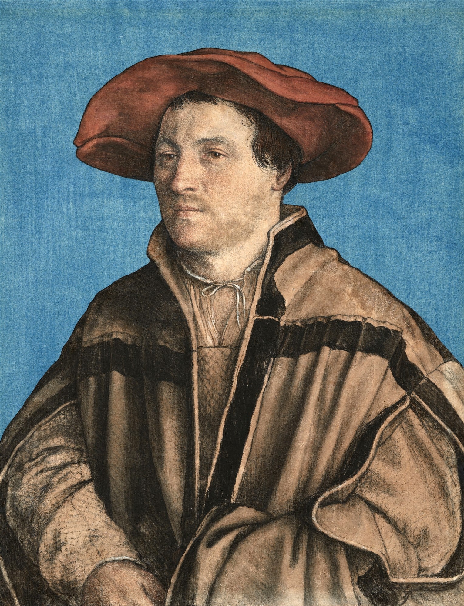 Retrato de um jovem cavalheiro com chapéu vermelho e vestes renascentistas sobre um fundo azul, pintado por Hans Holbein, o Jovem.