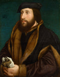 Retrato de um homem com barba, vestindo casaco de pele marrom e chapéu preto, pintado por Hans Holbein o Jovem, com fundo verde escuro