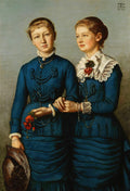 Retrato de duas jovens mulheres com vestidos azuis e rendas brancas, segurando as mãos e flores vermelhas, obra de Hans Thoma.
