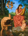Pintura 'A Fonte da Vida' de Hans Thoma, representando uma cena mitológica com figuras nuas e aladas perto de uma fonte, em uma paisagem verde exuberante.