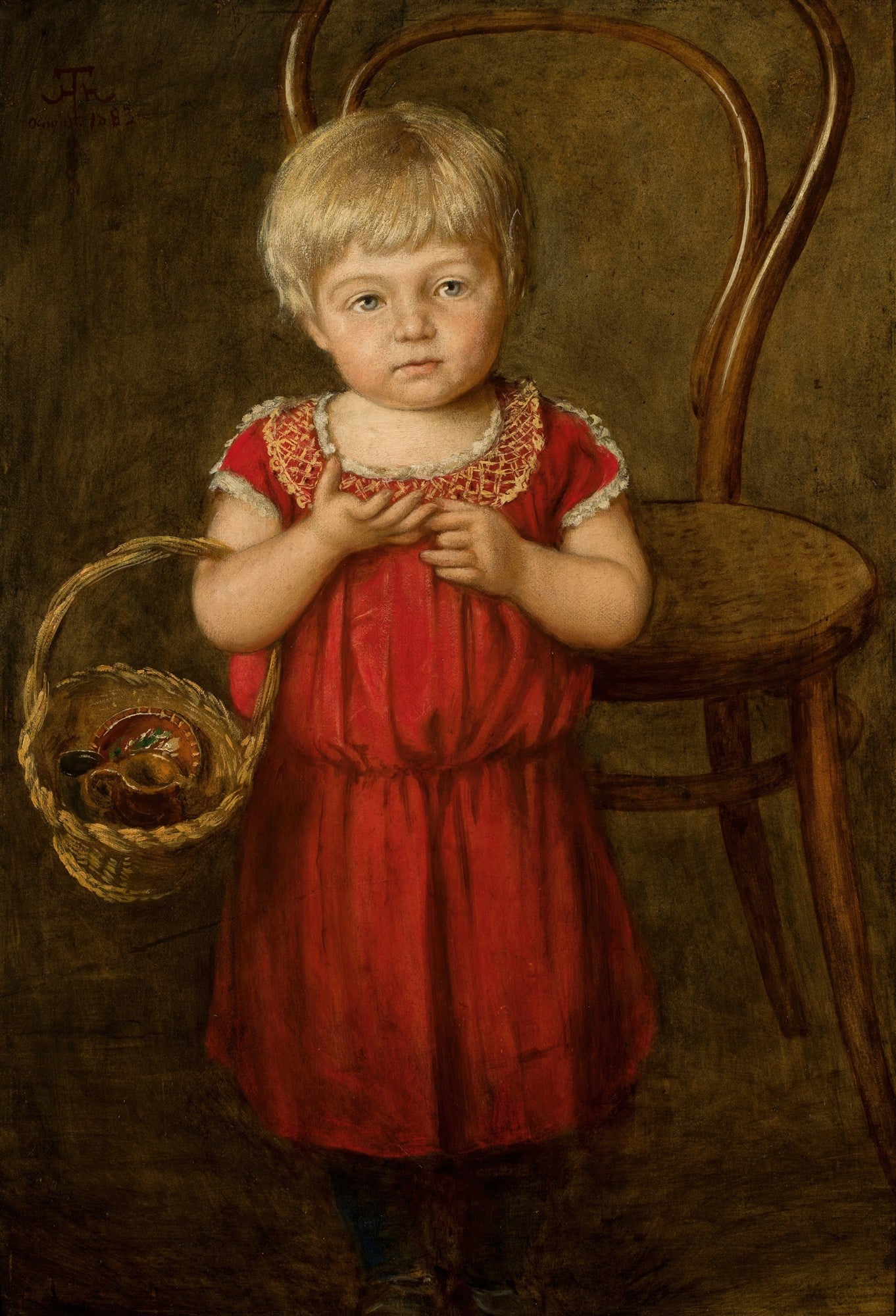 Pintura a óleo de Hans Thoma, retrato de uma criança de cabelos loiros e olhos azuis, vestindo um vestido vermelho e segurando uma cesta de vime com frutas, ao lado de uma cadeira de madeira curvada. Fundo escuro.