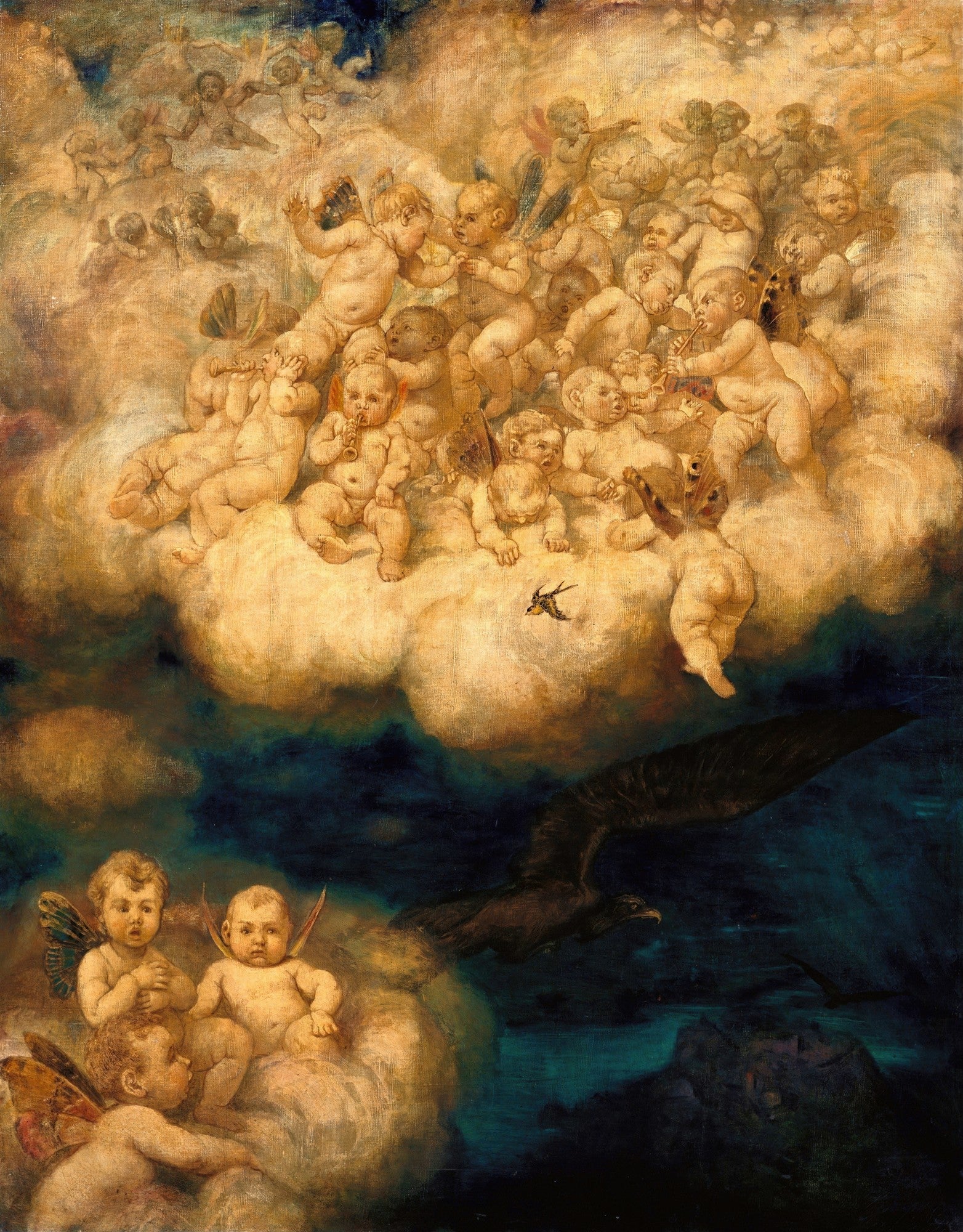 Pintura clássica de Hans Thoma, Anjos e Nuvens, com querubins flutuando em nuvens douradas e um pássaro voando sobre um fundo escuro
