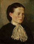 Retrato de uma mulher jovem com cabelo escuro preso, vestindo uma blusa preta com um laço de renda branca e dourada no pescoço, em fundo neutro. Assinatura do artista 'HT' e data '1873' no canto superior direito.