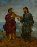 Pintura de Hans Thoma, 'A Tentação de Cristo', mostrando duas figuras masculinas em vestes antigas sobre uma rocha, com um fundo de paisagem dramática e céu azul.