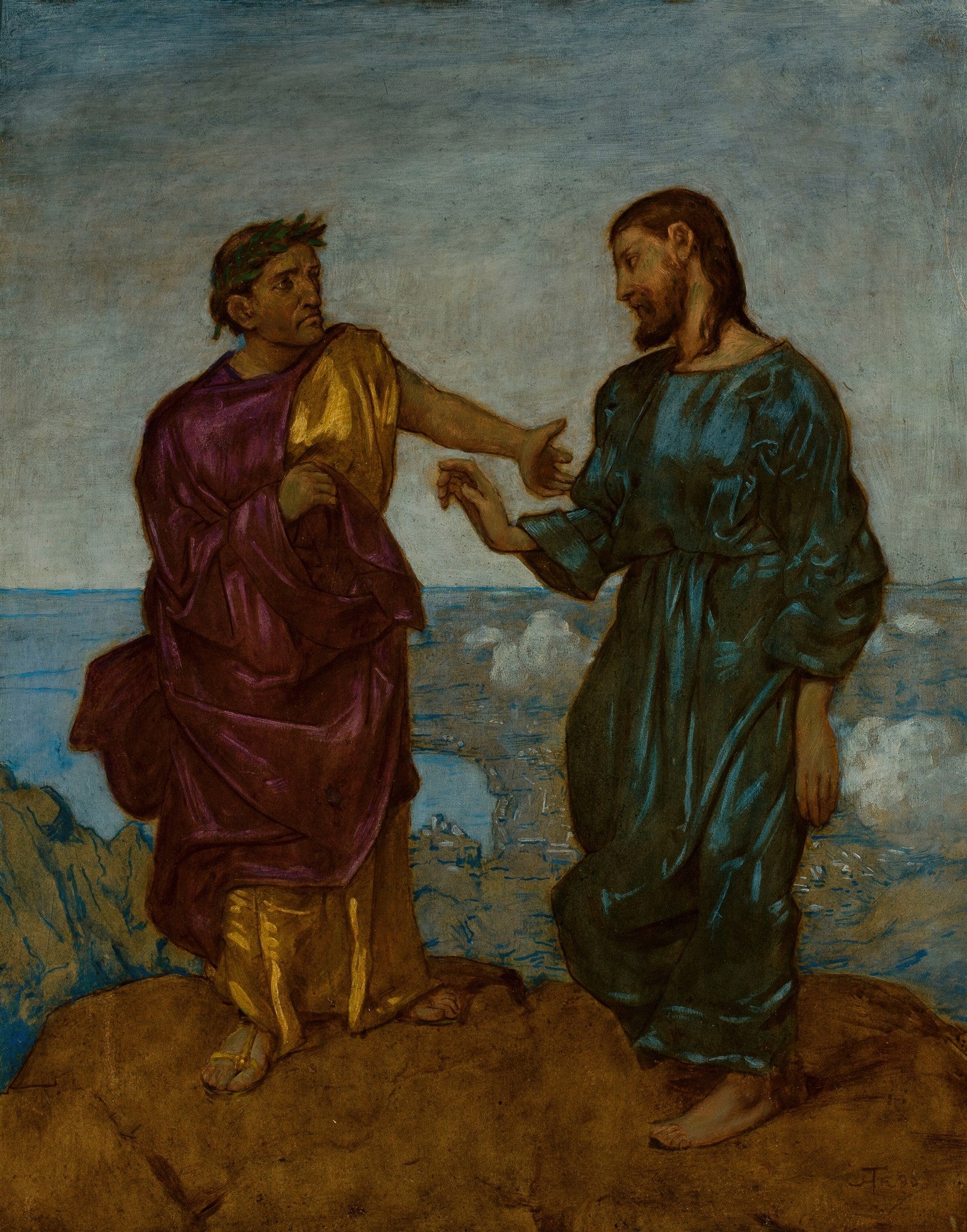 Pintura de Hans Thoma, 'A Tentação de Cristo', mostrando duas figuras masculinas em vestes antigas sobre uma rocha, com um fundo de paisagem dramática e céu azul.