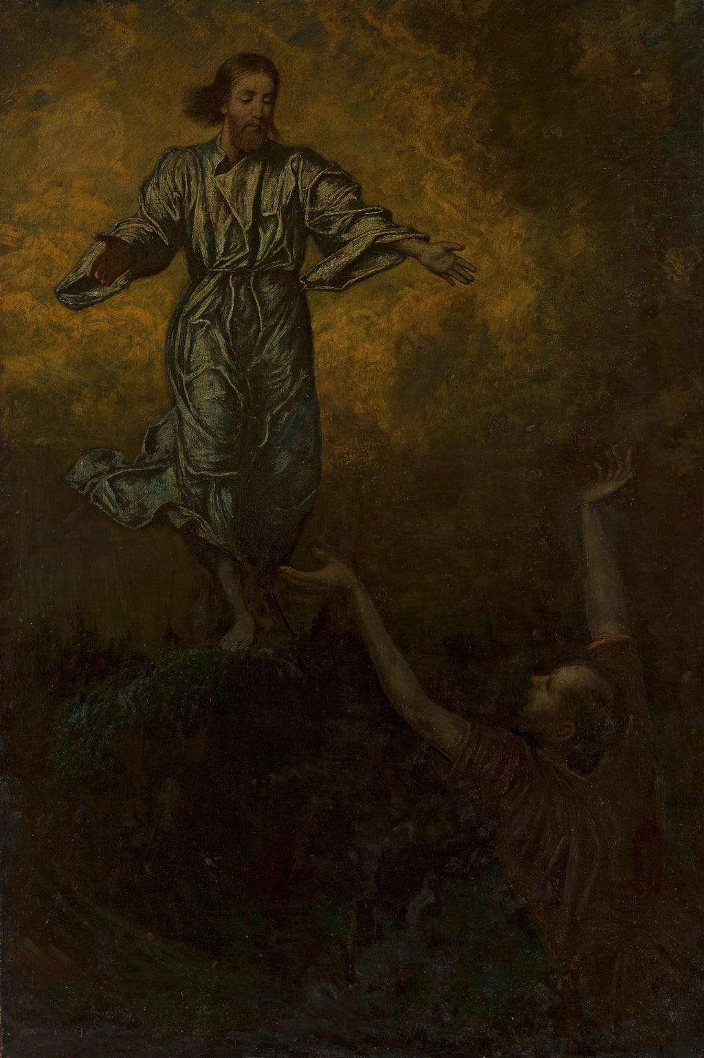 Pintura de Hans Thoma, A Ressurreição de Lázaro, com Jesus de braços abertos sobre uma elevação escura e uma figura de Lázaro se erguendo das profundezas com as mãos estendidas, em um fundo dourado e nebuloso.