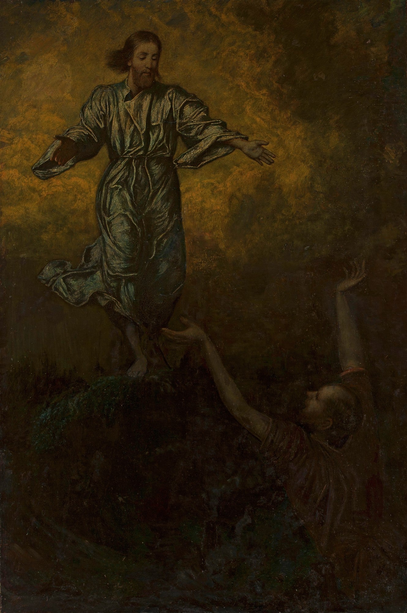Pintura de Hans Thoma, A Ressurreição de Lázaro, com Jesus de braços abertos sobre uma elevação escura e uma figura de Lázaro se erguendo das profundezas com as mãos estendidas, em um fundo dourado e nebuloso.